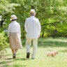 犬と散歩するシニア夫婦